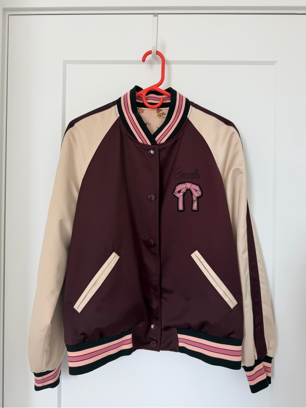 Coach Burgundy and Cream Satin Reversible Varsity Jacket with Pink Trim
